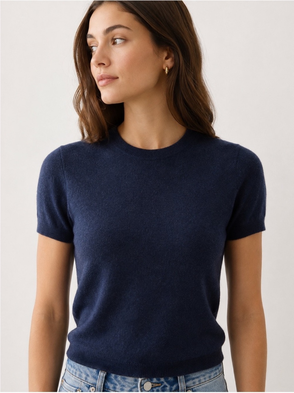 Everlane 100% Cashmere Short Sleeve Crewneck Sweater Tee Navy Blue Size S